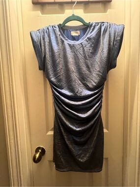 Metallic Slate Blue Ruched Mini Dress